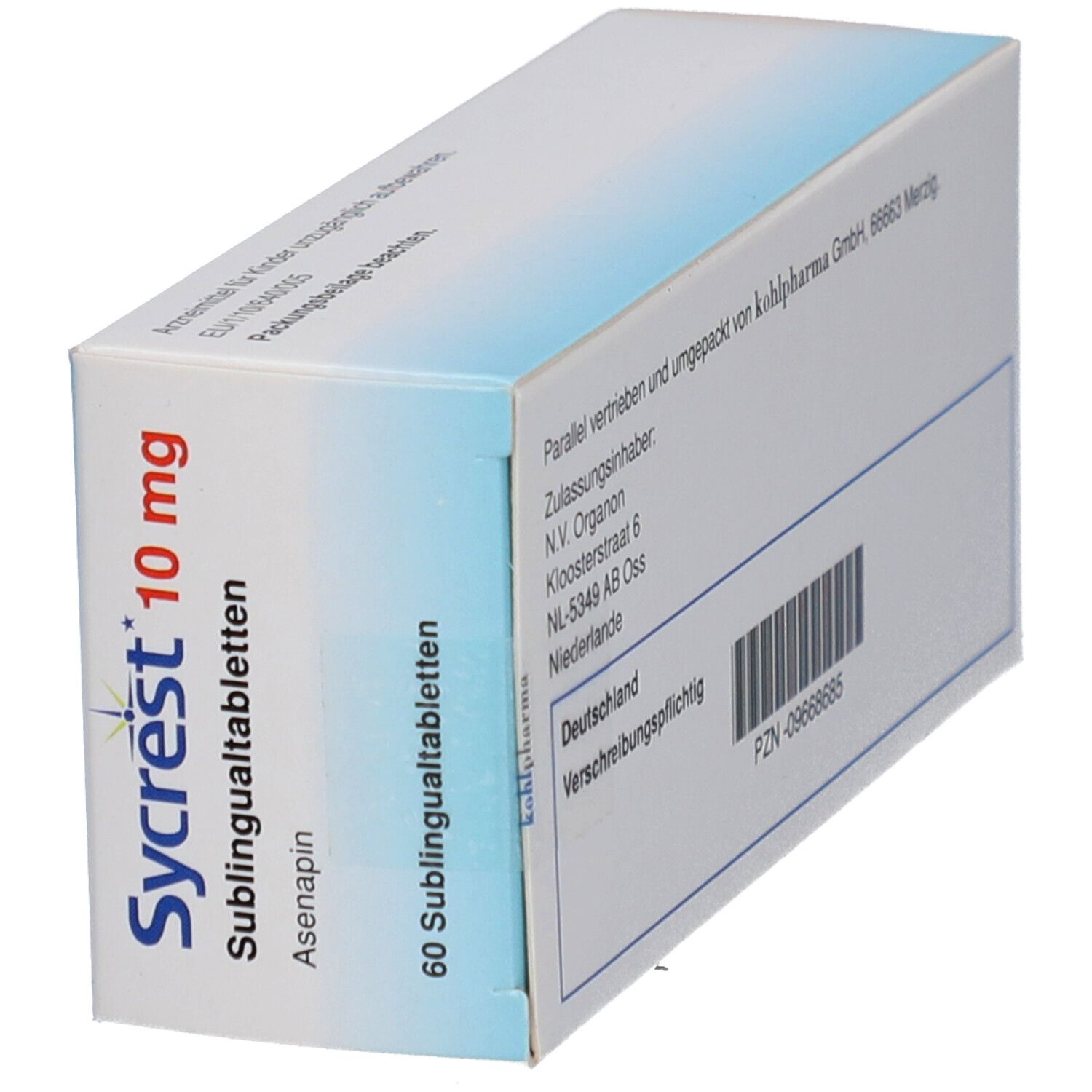 Schachtel mit Sycrest 10 mg Sublingualtabletten. Aufschrift: 60 Sublingualtabletten. Marke Organon.