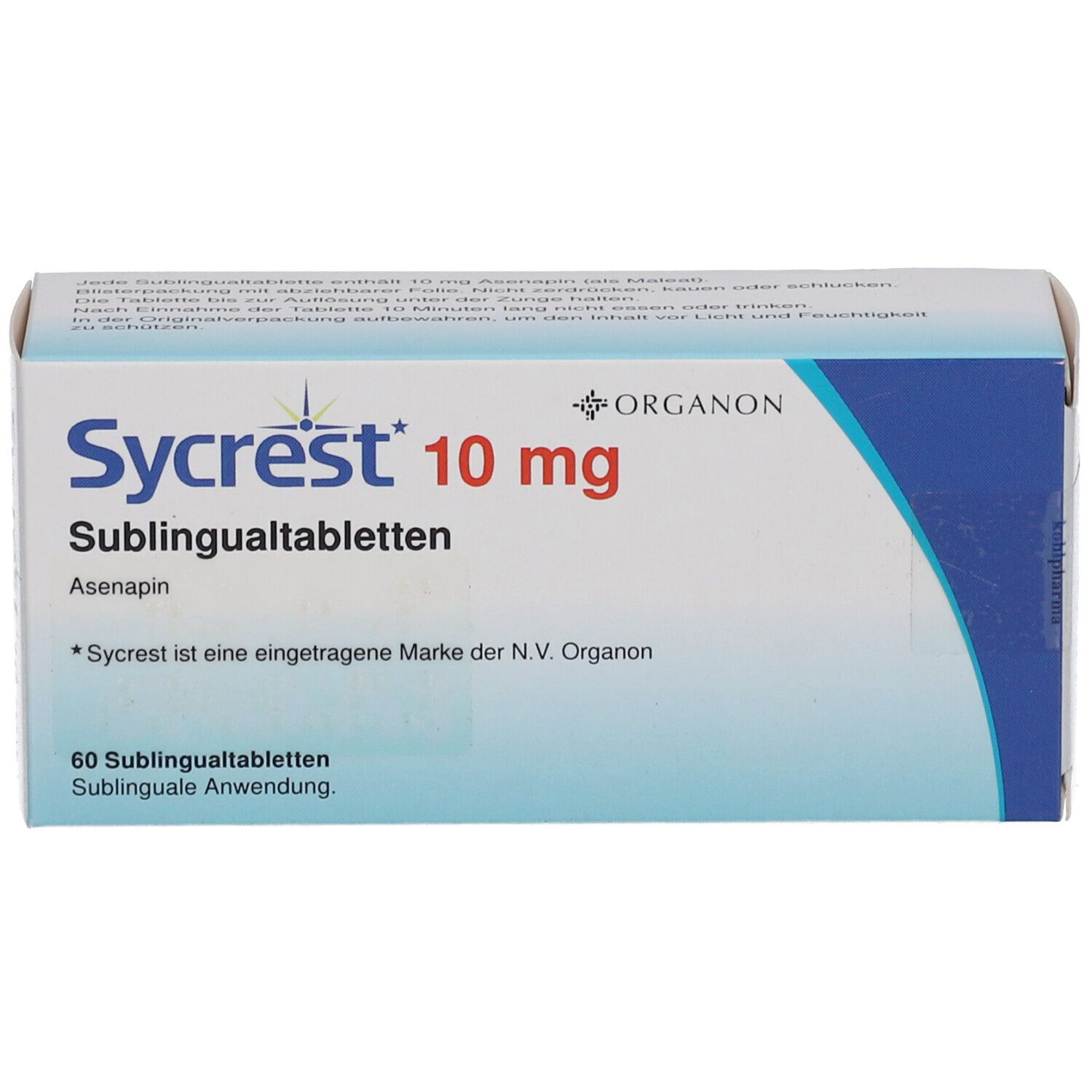 Schachtel mit Sycrest 10 mg Sublingualtabletten. Aufschrift: 60 Sublingualtabletten. Marke Organon.