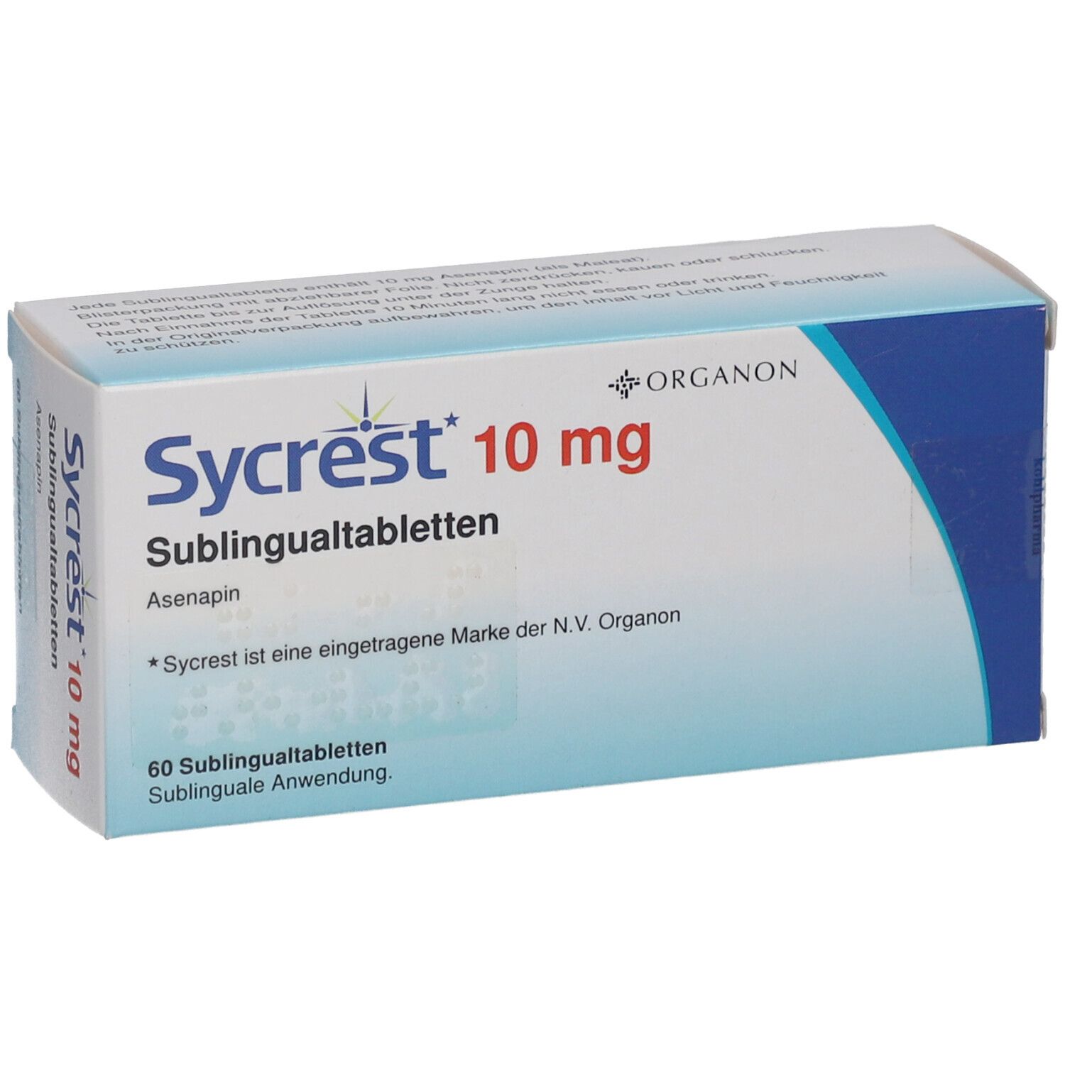 Schachtel mit Sycrest 10 mg Sublingualtabletten. Aufschrift: 60 Sublingualtabletten. Marke Organon.