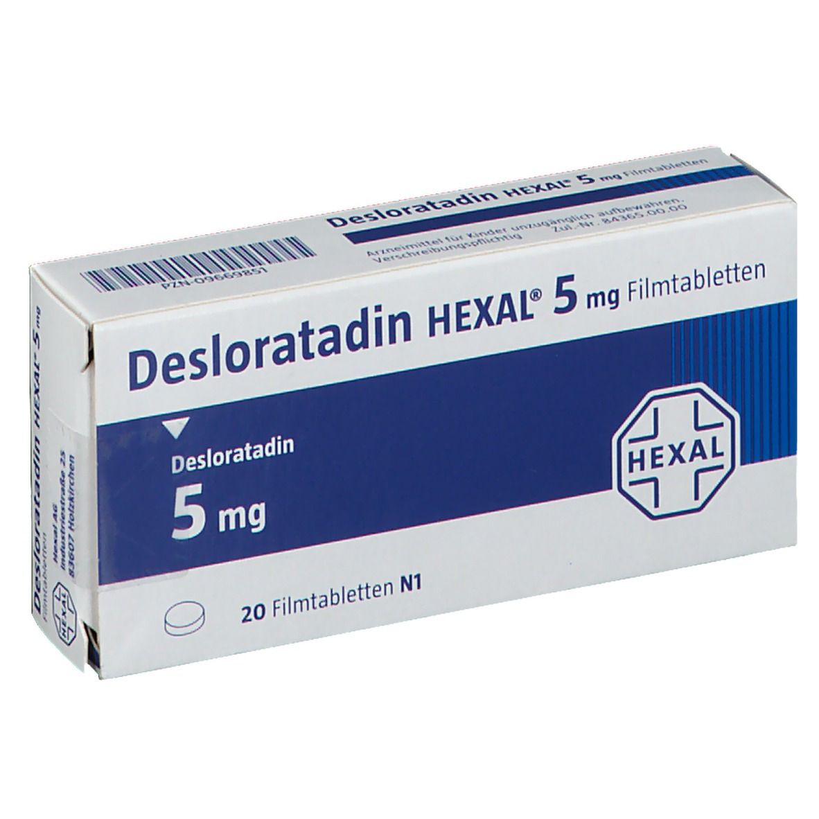 Schachtel mit Desloratadin HEXAL 5 mg Filmtabletten. Blaue und weiße Verpackung mit Produktnamen und Logo. 20 Filmtabletten.