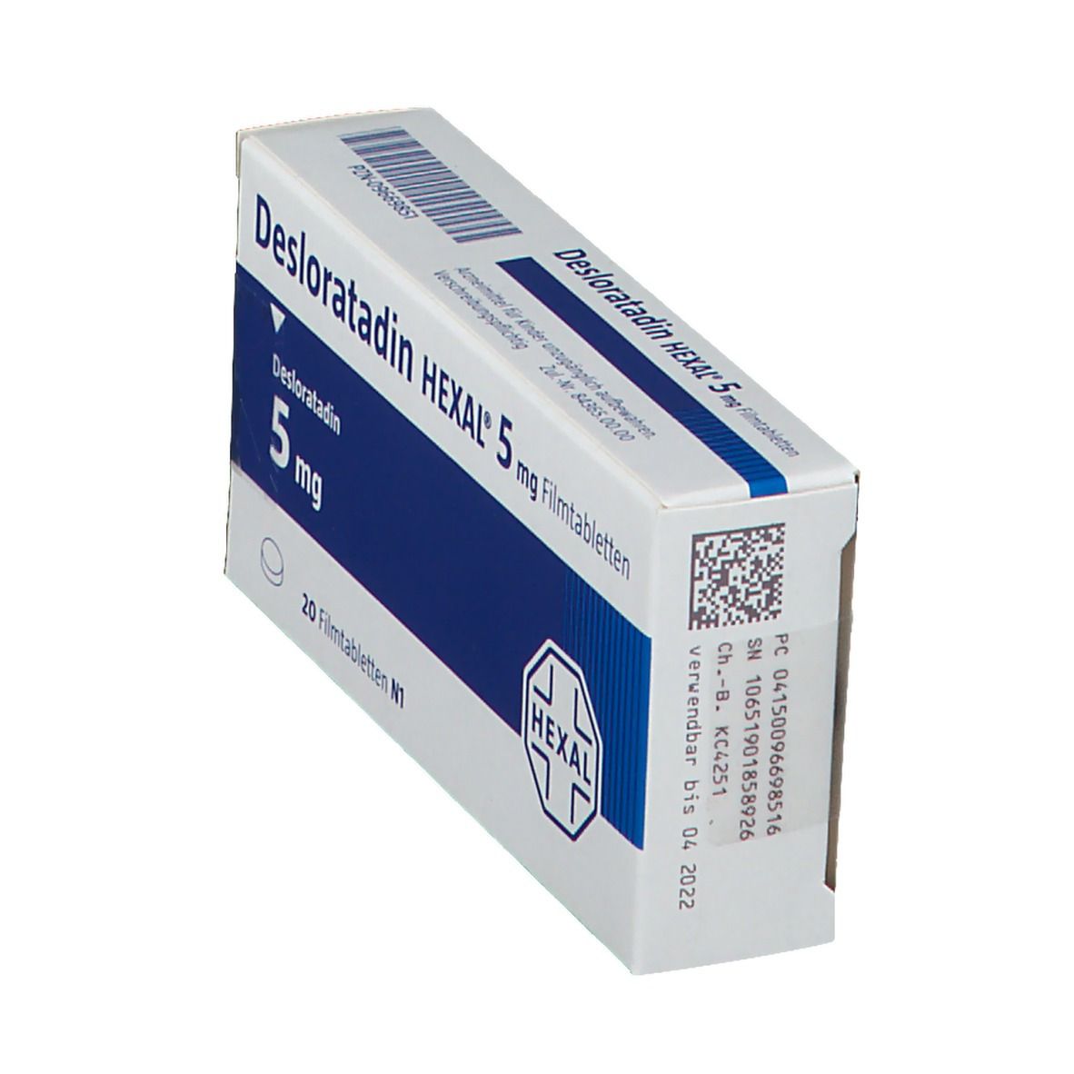 Schräg gestellte Schachtel Desloratadin HEXAL 5 mg Filmtabletten. Blaue und weiße Verpackung mit Produktinformationen und QR-Code.