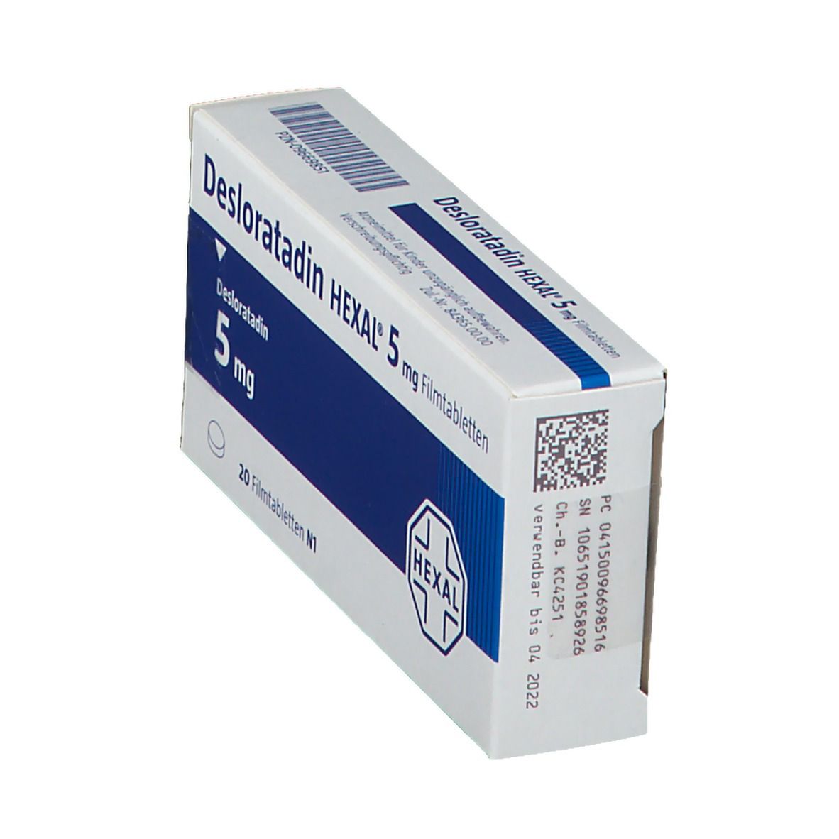 Schräg gestellte Schachtel Desloratadin HEXAL 5 mg Filmtabletten. Blaue und weiße Verpackung mit Produktinformationen und QR-Code.