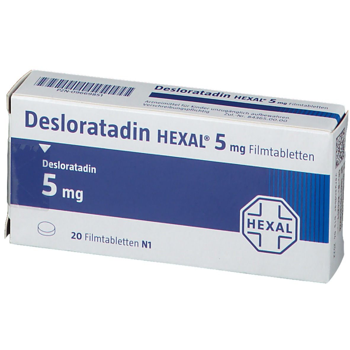 Schachtel mit Desloratadin HEXAL 5 mg Filmtabletten. Blaue und weiße Verpackung mit Produktnamen und Logo. 20 Filmtabletten.