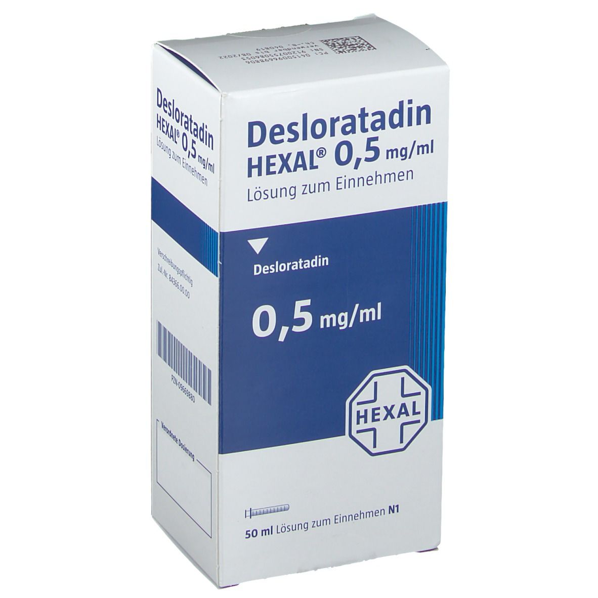 Karton mit Produktinformationen. Aufschrift: Desloratadin HEXAL 0,5 mg/ml Lösung zum Einnehmen. HEXAL Logo.