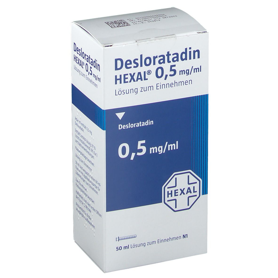 Karton mit Produktinformationen. Aufschrift: Desloratadin HEXAL 0,5 mg/ml Lösung zum Einnehmen. HEXAL Logo.