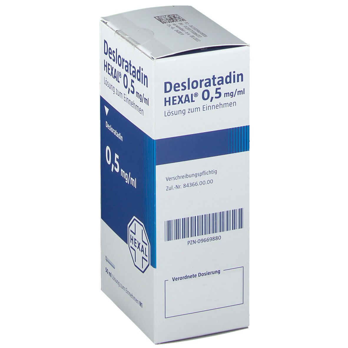 Karton, Seitenansicht. Text: Desloratadin HEXAL 0,5 mg/ml Lösung zum Einnehmen. Verschreibungspflichtig.
