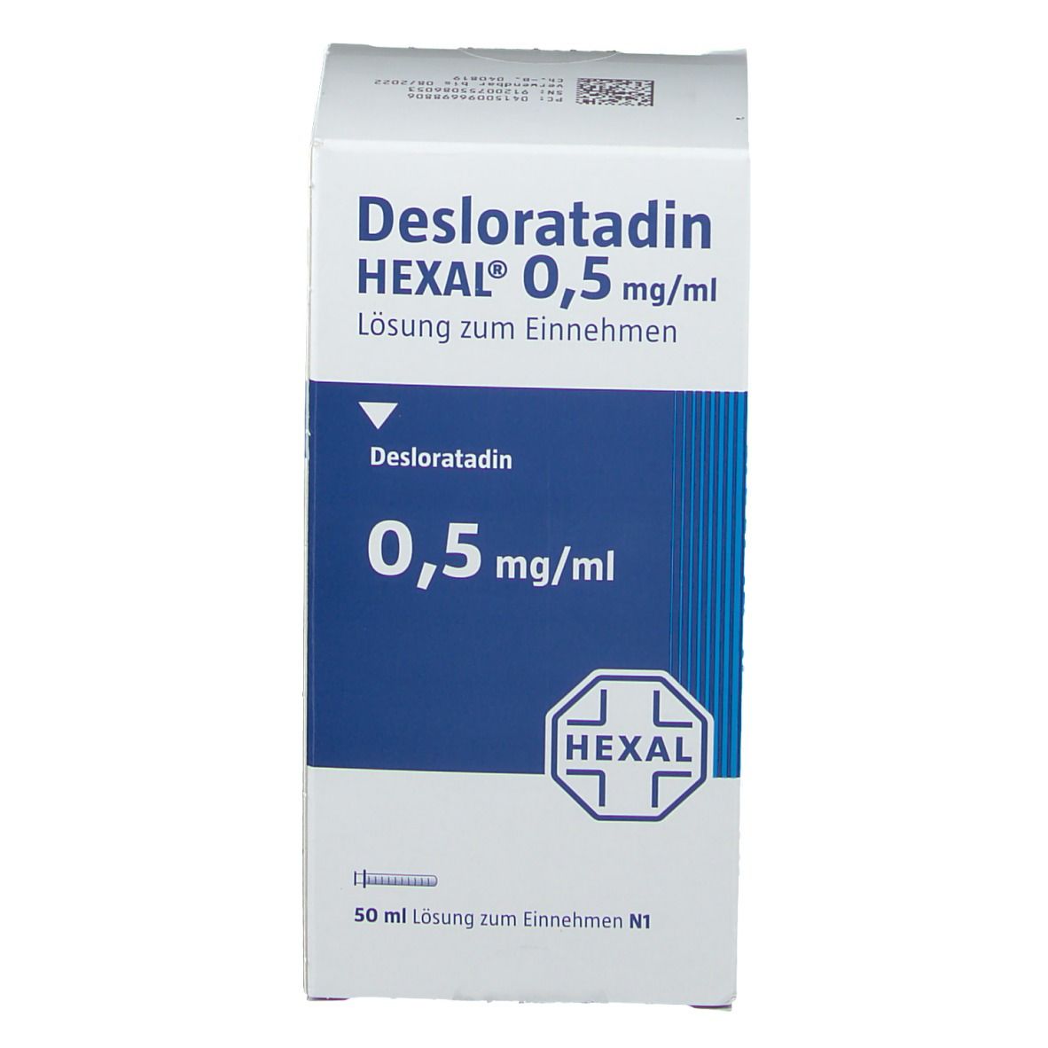 Karton mit Produktinformationen. Aufschrift: Desloratadin HEXAL 0,5 mg/ml Lösung zum Einnehmen. HEXAL Logo.