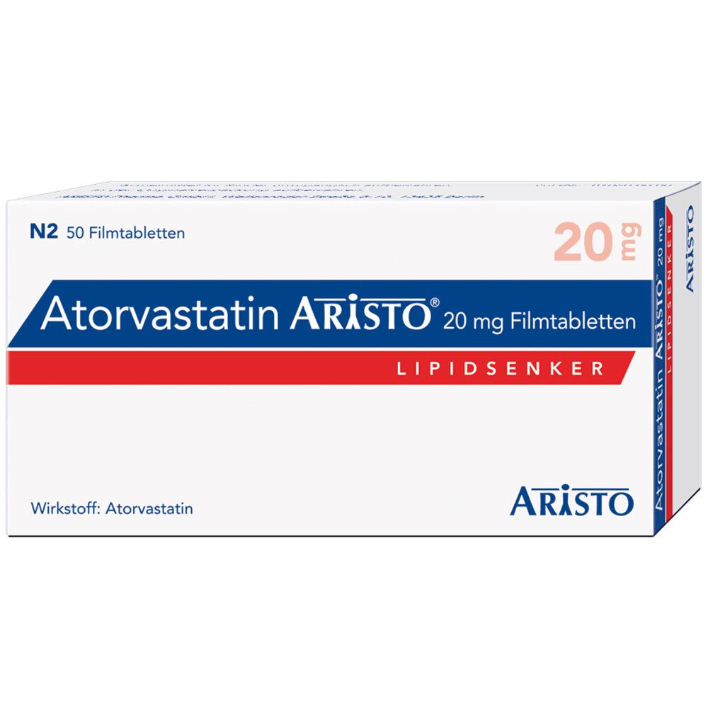 Atorvastatin Aristo® 20 mg Filmtabletten-Packung. Weiß-rot-blaue Schachtel mit Produktnamen, Dosierung und Logo.