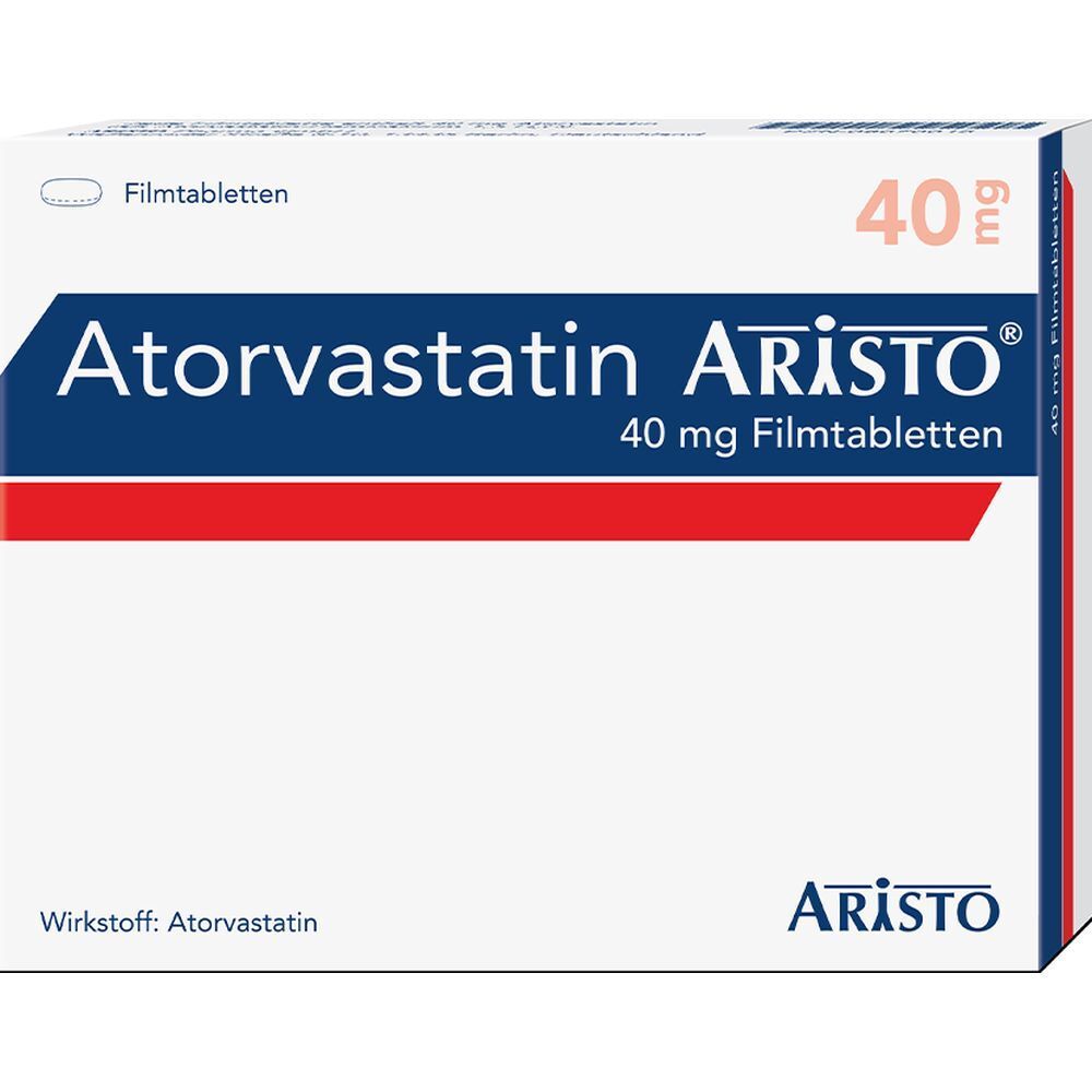 Schachtel mit Atorvastatin Aristo 40 mg Filmtabletten. Blaue, rote und weiße Farbgebung. Schriftzug: Atorvastatin Aristo.