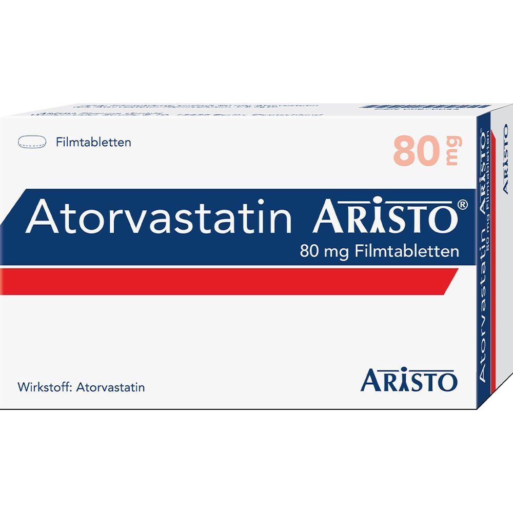 Schachtel mit Atorvastatin Aristo 80 mg Filmtabletten. Blaue und rote Streifen, Markenname und Dosierung.