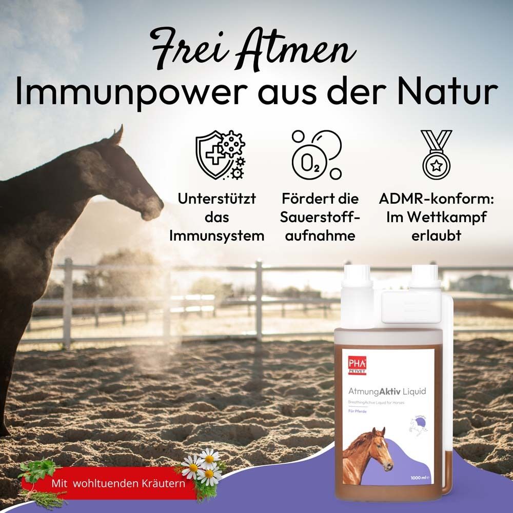 PHA AtmungAktiv Liquid für Pferde. Produktabbildung mit Pferd auf Weide. Text.
