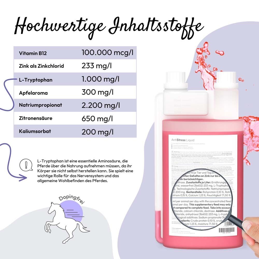 Flasche mit rosa Flüssigkeit. Aufschrift: Hochwertige Inhaltsstoffe. Inhaltsstoffliste.