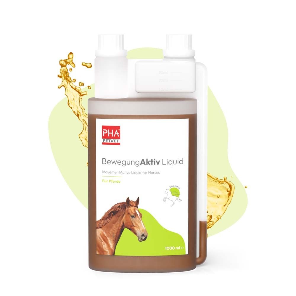 Braune Flasche mit weißem Deckel. Aufschrift: PHA, BewegungAktiv Liquid für Pferde. Gelber Hintergrund mit Flüssigkeitsspritzern.
