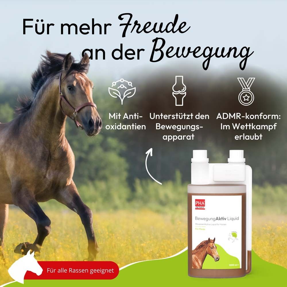 Pferd auf einer Wiese. Text: Für mehr Freude an der Bewegung. Flasche mit Produktabbildung. Icons.