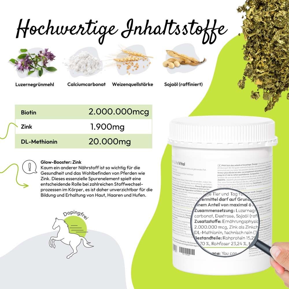 Produkt-Behälter mit Inhaltsstoff-Tabelle. Text: Hochwertige Inhaltsstoffe. Lupe auf Text. Dopingfrei-Symbol.