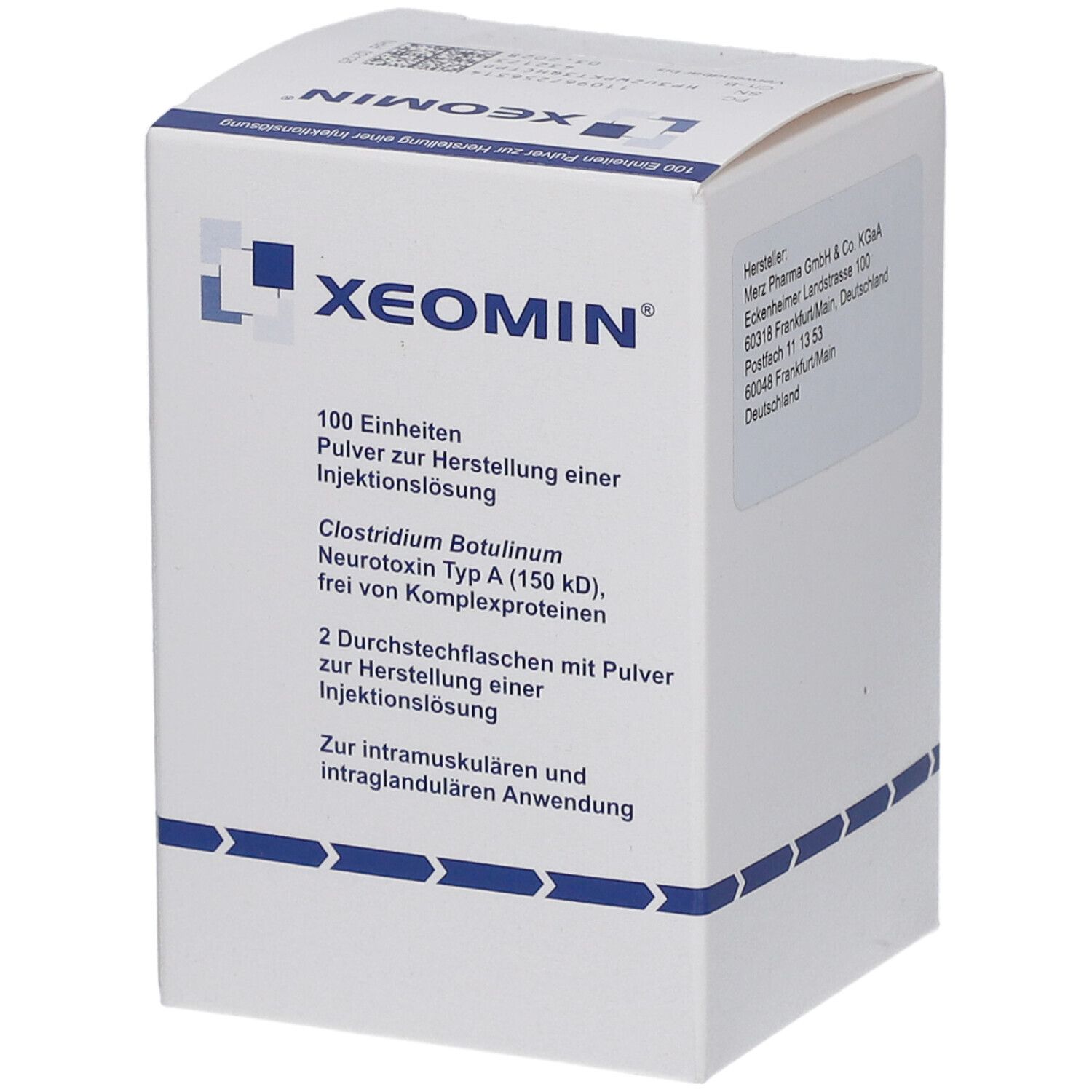 Weiße Schachtel mit XEOMIN-Logo. Enthält 100 Einheiten Pulver zur Herstellung einer Injektionslösung. Herstellerinformationen.