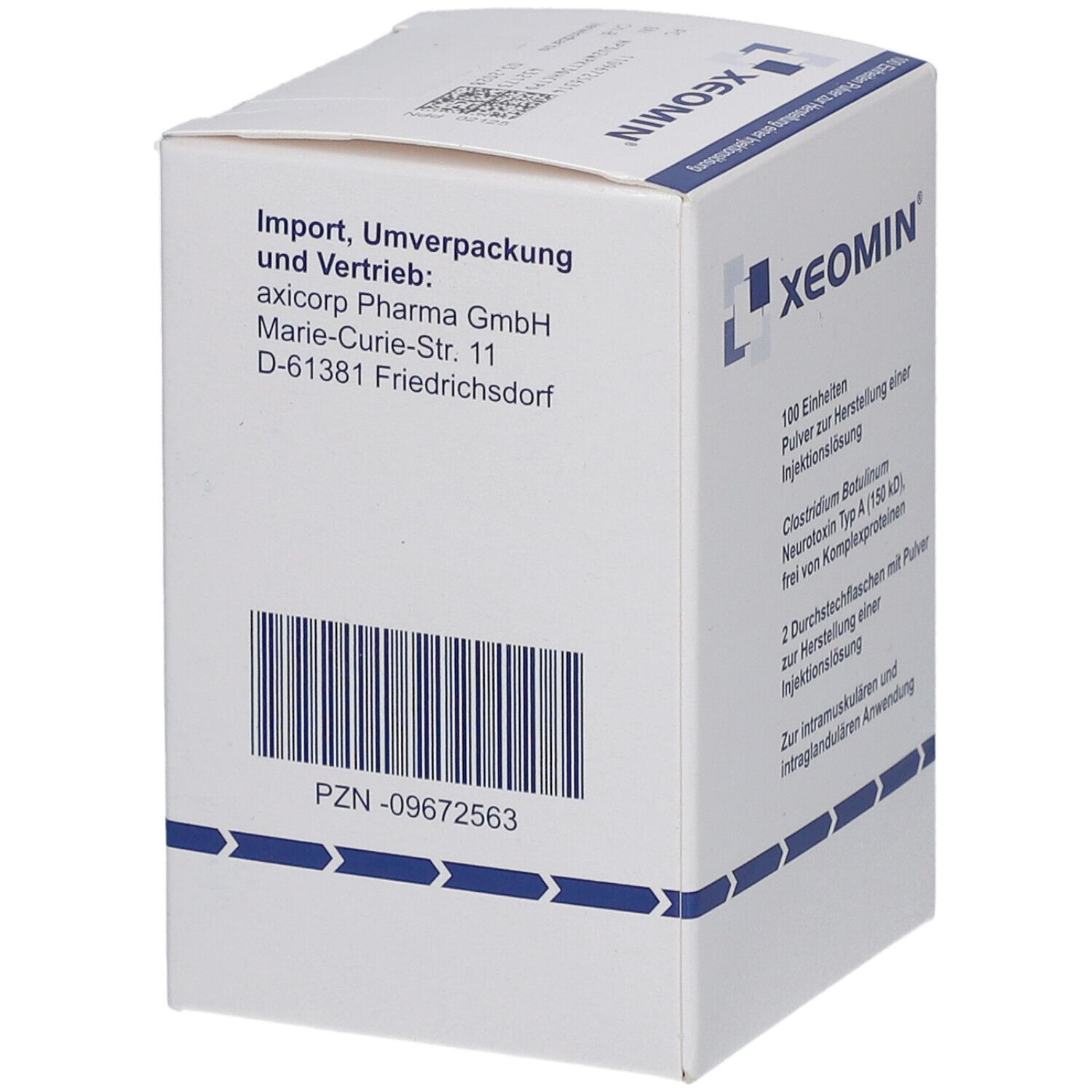 Weiße Schachtel mit XEOMIN-Logo. Importeur axicorp Pharma GmbH. Barcode und PZN-Nummer.