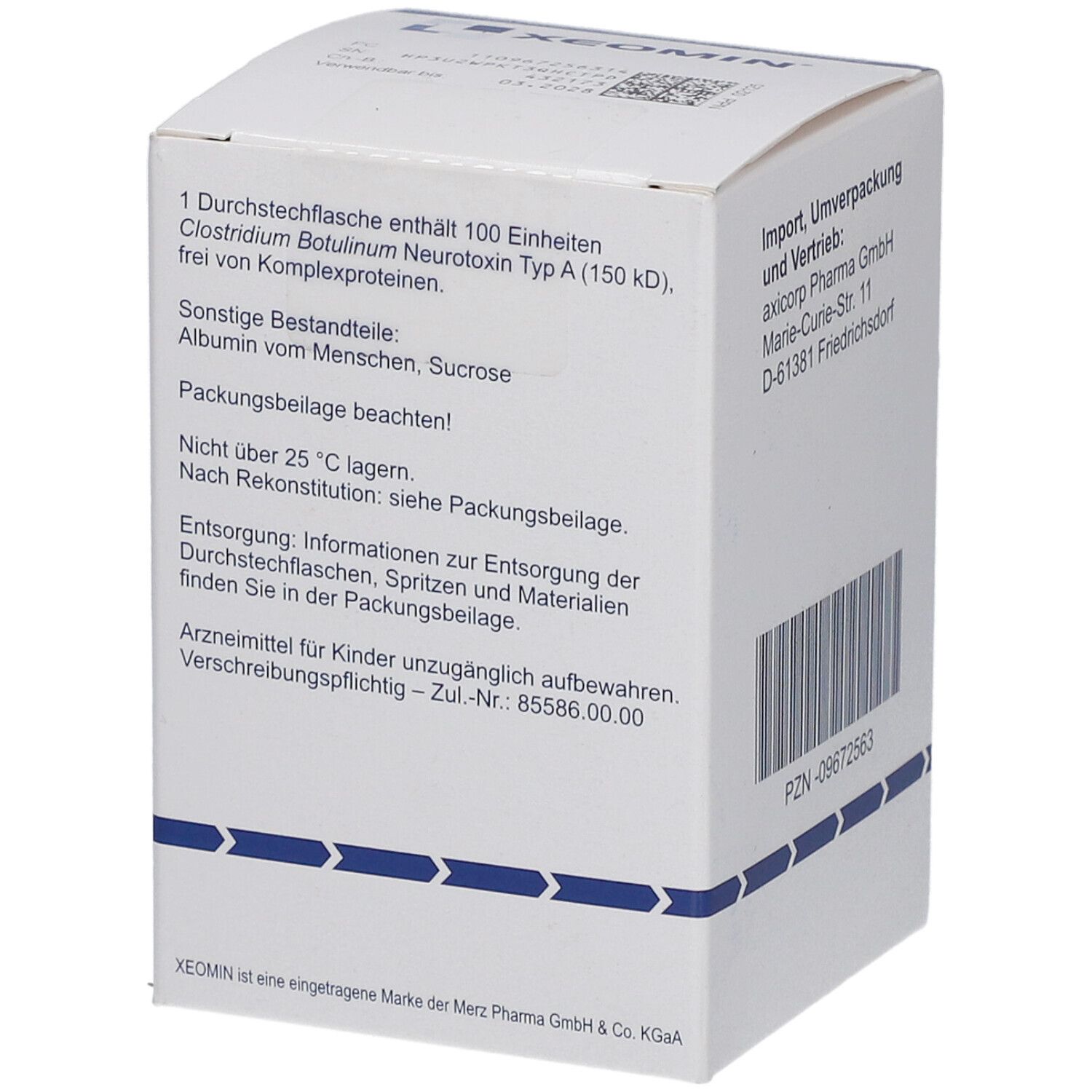 Weiße Schachtel mit XEOMIN-Logo. Enthält 1 Durchstechflasche mit 100 Einheiten. Inhaltsstoffe und Lagerhinweise.