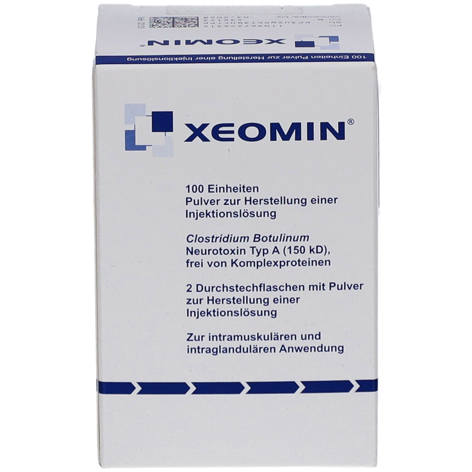 Weiße Schachtel mit XEOMIN-Logo. Enthält 100 Einheiten Pulver zur Herstellung einer Injektionslösung. Text.
