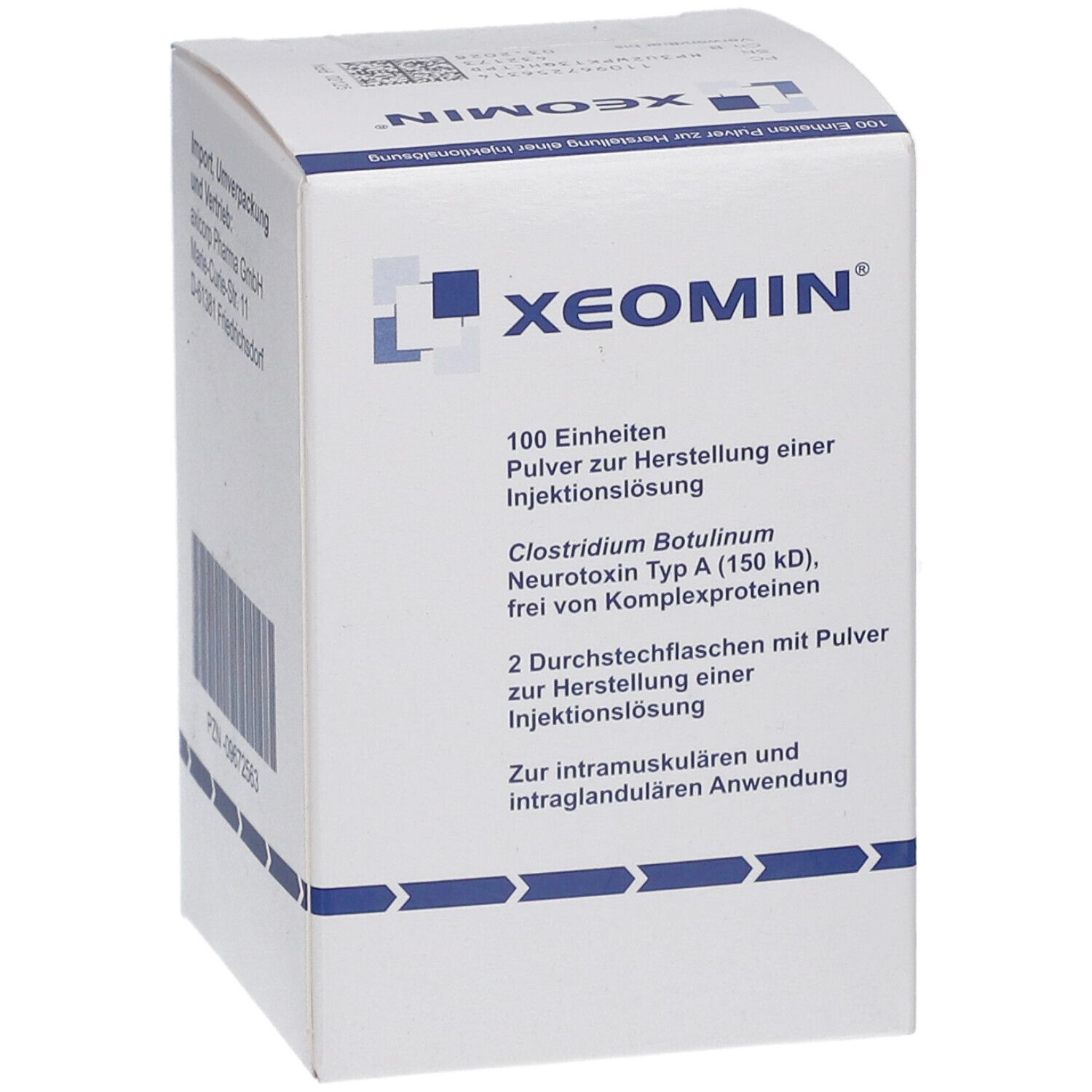 Weiße Schachtel mit XEOMIN-Logo. Enthält 100 Einheiten Pulver zur Herstellung einer Injektionslösung. Text.