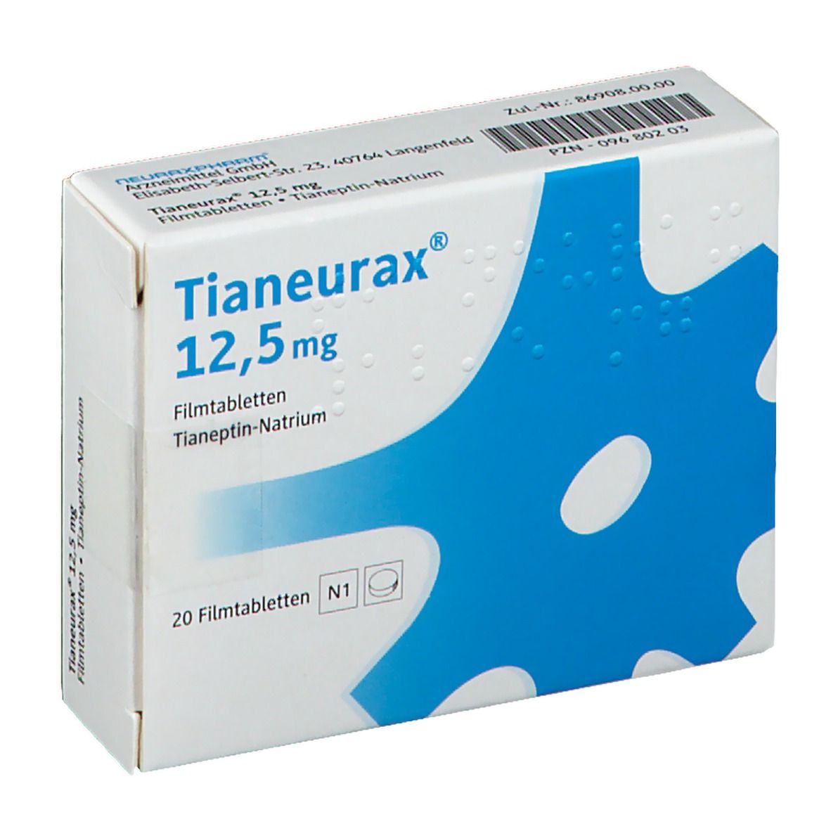 Weiße Faltschachtel mit blauer Grafik. Aufdruck: Tianeurax 12,5 mg, 20 Filmtabletten. N1. Herstelleradresse.
