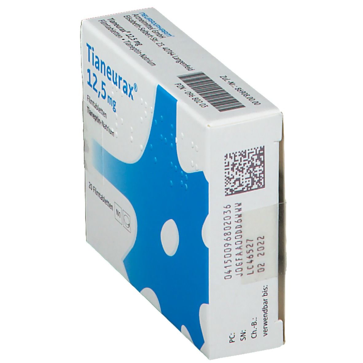 Schräg stehende Faltschachtel. Aufdruck: Tianeurax 12,5 mg. Barcode, Verfallsdatum. Blaue Grafik. Herstelleradresse.