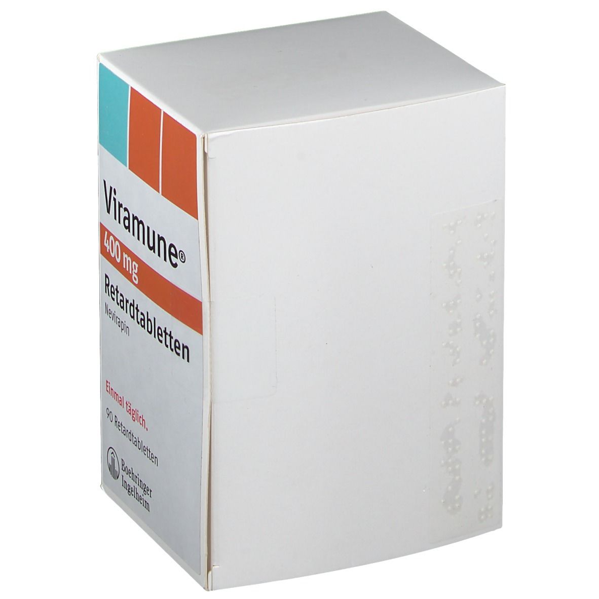 Viramune® 400 mg Packung. Weiße Schachtel mit blauen und orangen Akzenten. Text: Viramune®, 400 mg, Retardtabletten, 90 Tabletten.