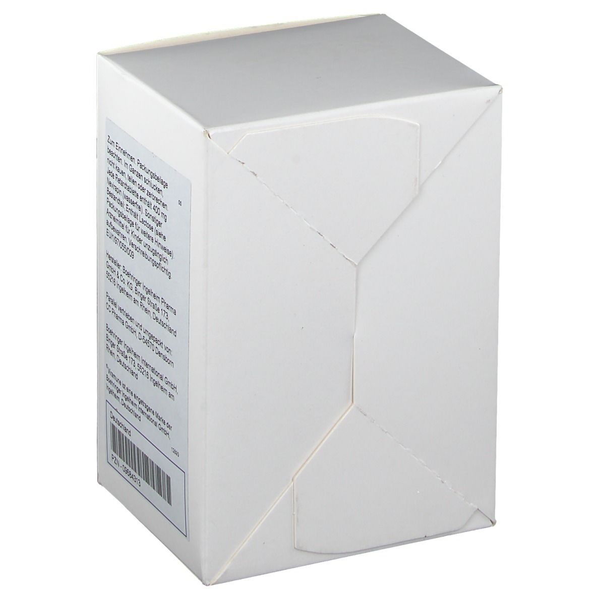 Weiße, gefaltete Schachtel. Rückseite mit Text und Barcode. Text: Viramune®, Herstellerinformationen, Chargennummer, PZN-09684313.
