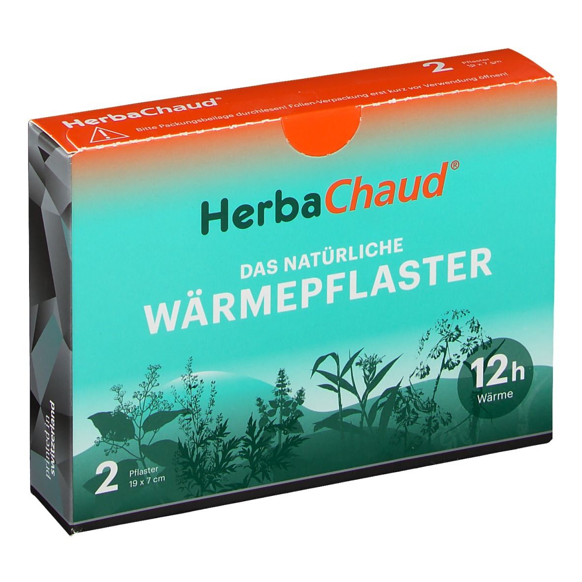 Verpackung mit zwei Wärmepflastern. Aufschrift HerbaChaud, WÄRMEPFLASTER, 12h Wärme. Größe 19x7 cm.