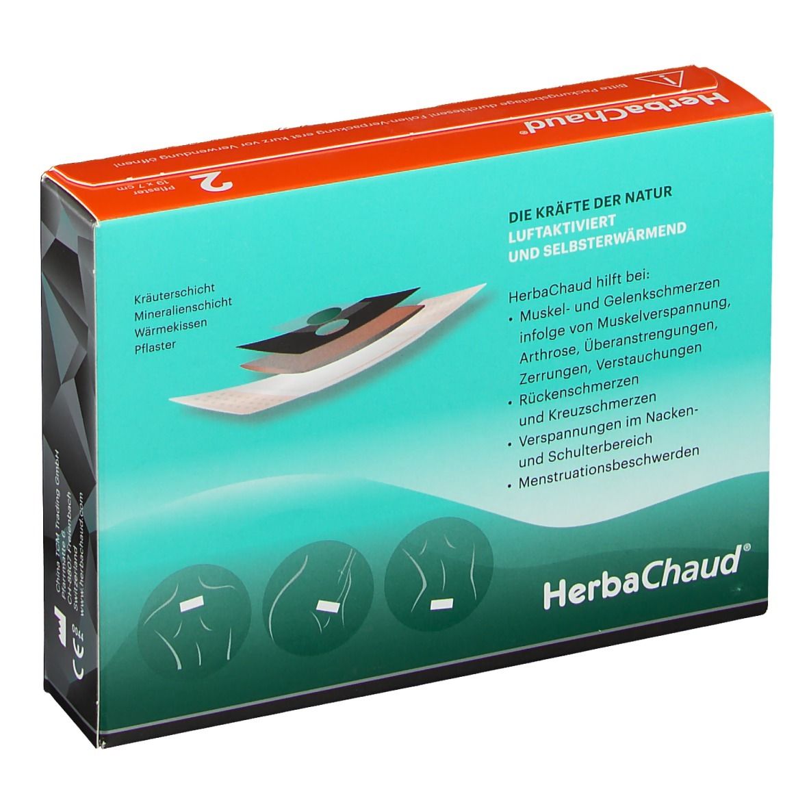 Verpackung mit zwei Wärmepflastern. Aufschrift HerbaChaud, WÄRMEPFLASTER, 12h Wärme. Größe 19x7 cm. Rückseite mit Produktinformationen.