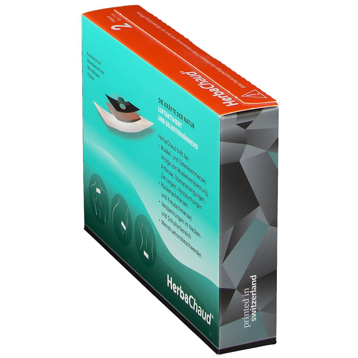 Verpackung mit zwei Wärmepflastern. Aufschrift HerbaChaud, WÄRMEPFLASTER, 12h Wärme. Größe 19x7 cm. Rückseite mit Produktinformationen.