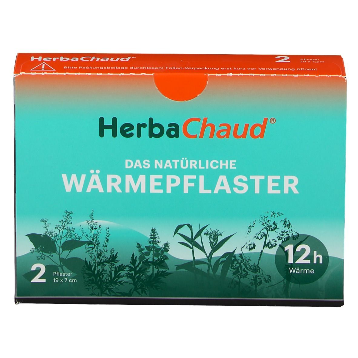 Verpackung mit zwei Wärmepflastern. Aufschrift HerbaChaud, WÄRMEPFLASTER, 12h Wärme. Größe 19x7 cm.