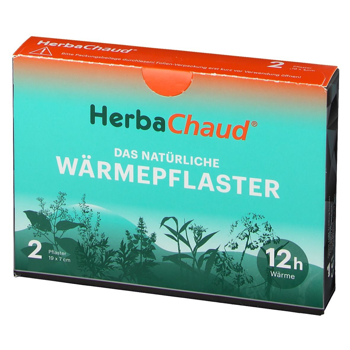 Verpackung mit zwei Wärmepflastern. Aufschrift HerbaChaud, WÄRMEPFLASTER, 12h Wärme. Größe 19x7 cm.