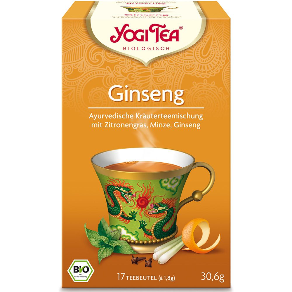 Verpackung von Yogi Tea Ginseng. Aufdruck: Ginseng, ayurvedische Kräutermischung, 17 Teebeutel, Bio-Siegel.