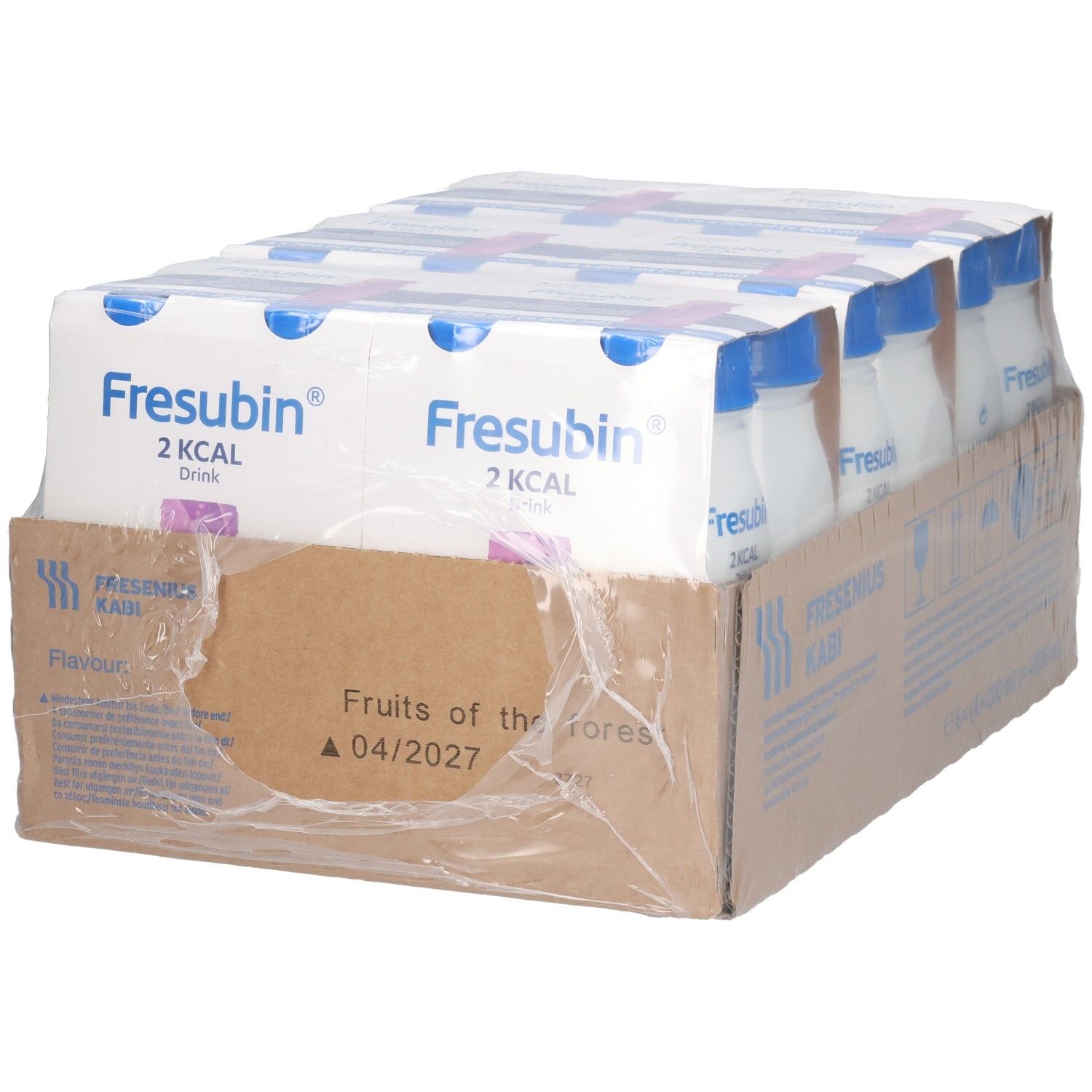 Karton mit 2-kcal-Getränk-Flaschen. Sechs Flaschen mit blauen Deckeln. Aufschrift: Fresubin 2 kcal.