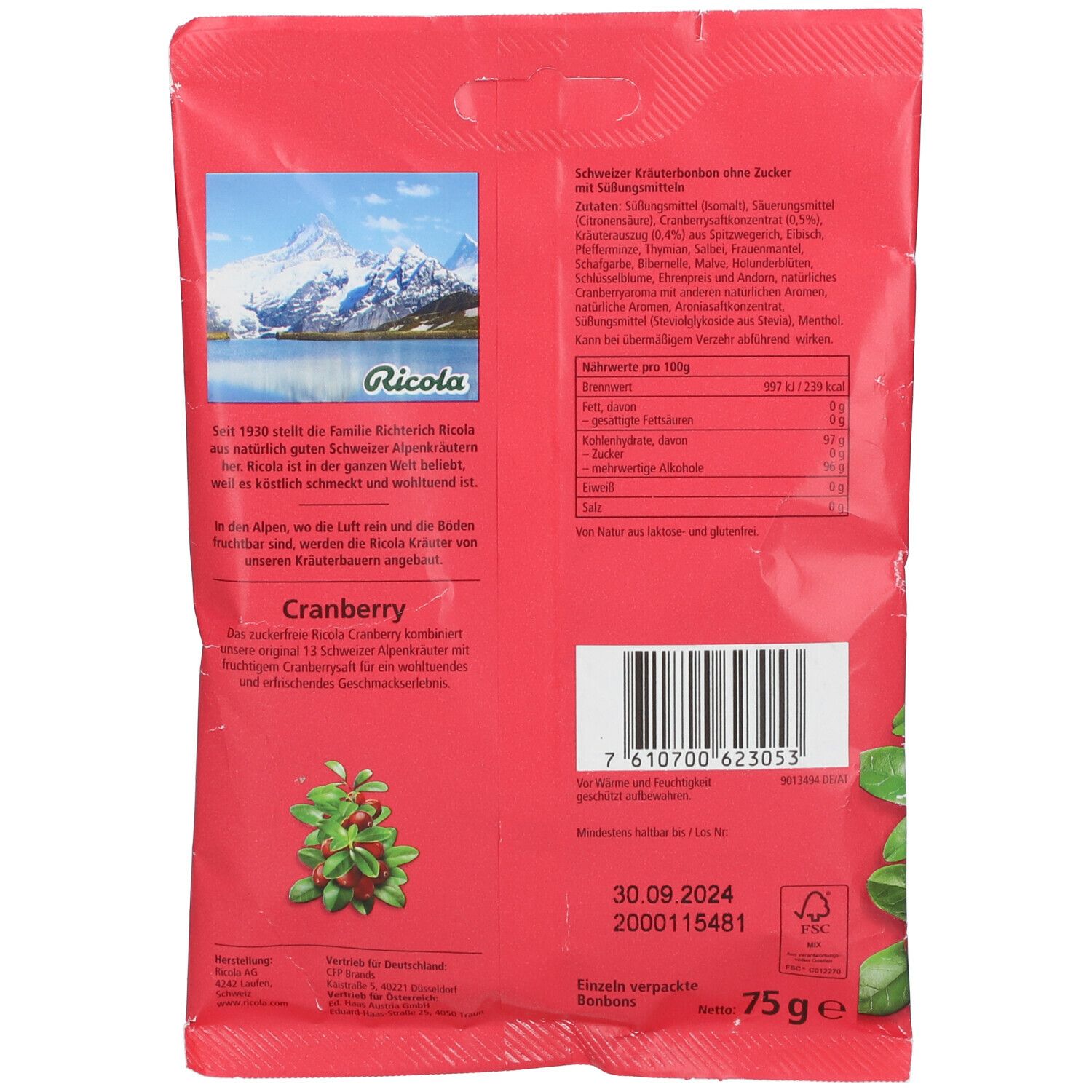 Ricola® Schweizer Kräuterbonbons Cranberry ohne Zucker