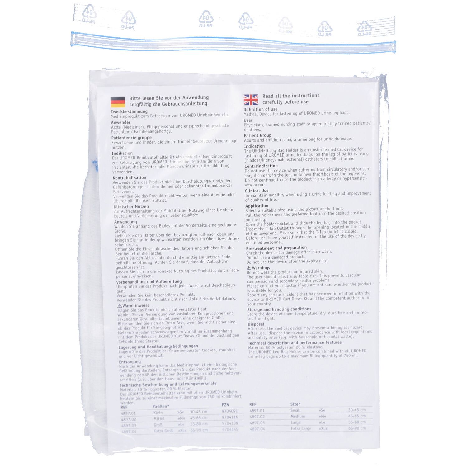 Rückseite der UROMED Beinbeutelhalter Verpackung mit Anwendungshinweisen und technischen Daten.