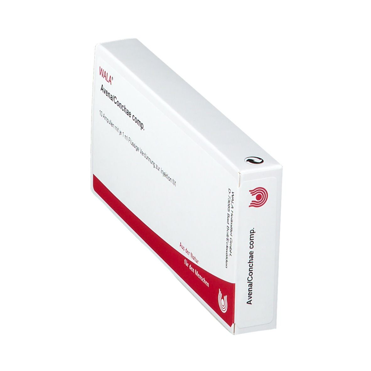 Schachtel, schräg gestellt. Beschriftung: WALA Avena/Conchae comp. Rote Linie und Logo. Aufdruck: Avena/Conchae comp.