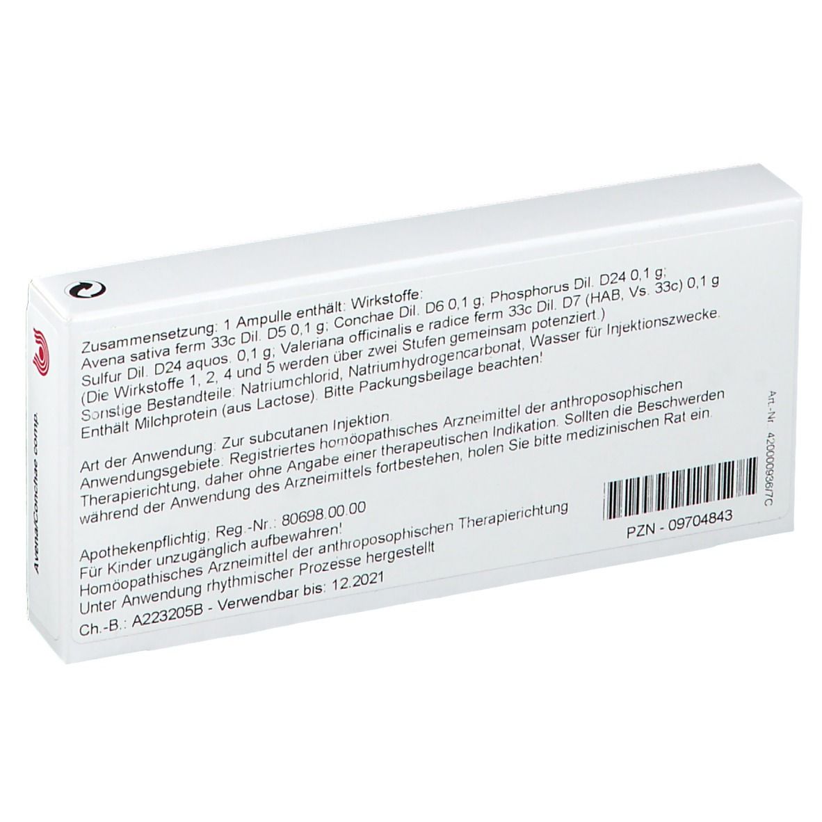 Rückseite der Schachtel. Text: Zusammensetzung, Wirkstoffe, Anwendung, Apothekenpflichtig, PZN-Nummer, Ch.-B. A2232058.