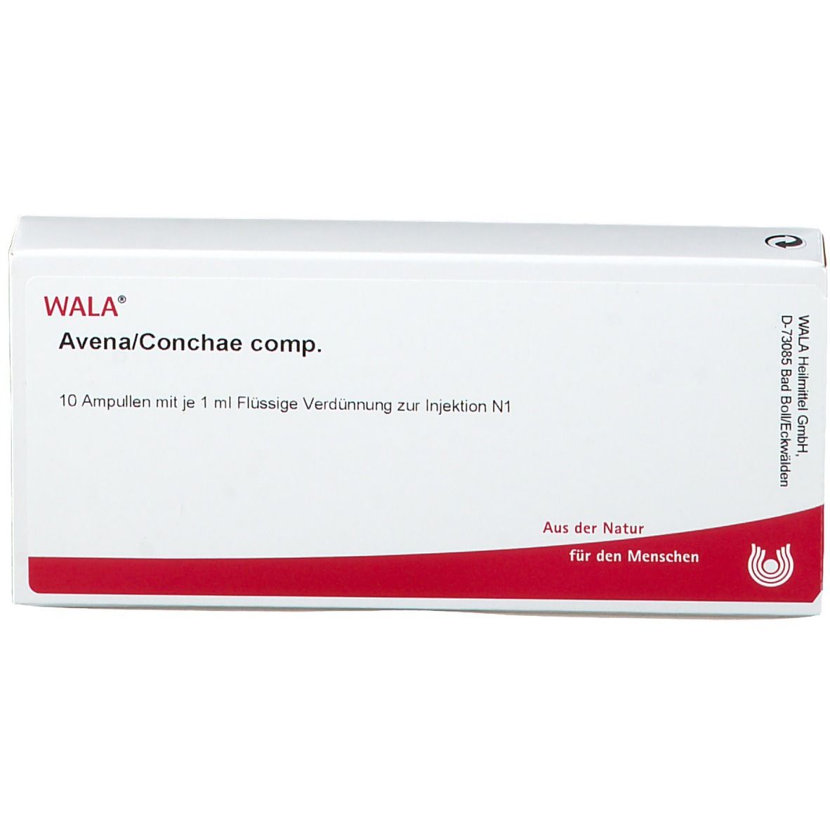 Weiße Schachtel mit roter Linie. Beschriftung: WALA Avena/Conchae comp. 10 Ampullen. Aus der Natur für den Menschen.