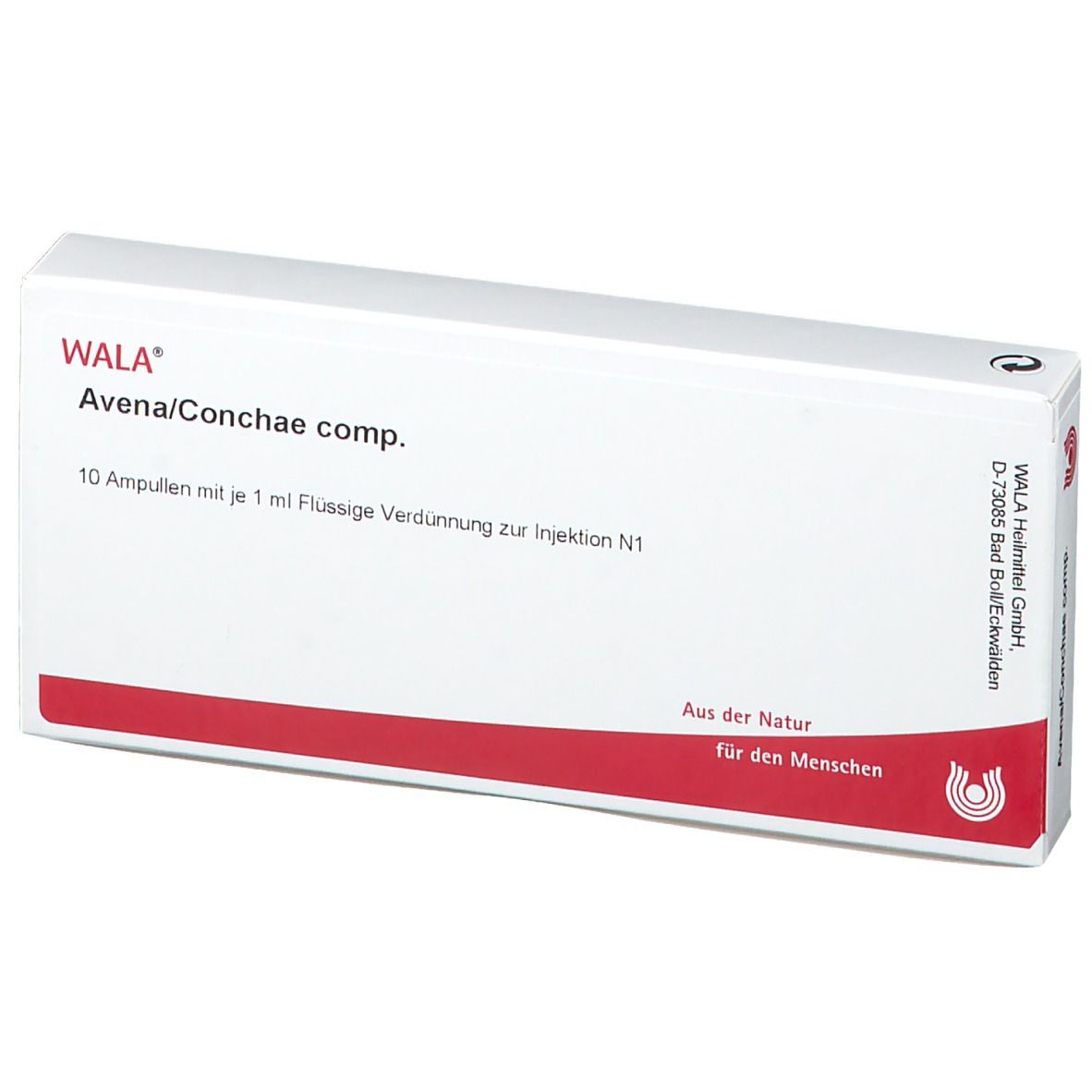 Weiße Schachtel mit roter Linie. Beschriftung: WALA Avena/Conchae comp. 10 Ampullen. Aus der Natur für den Menschen.
