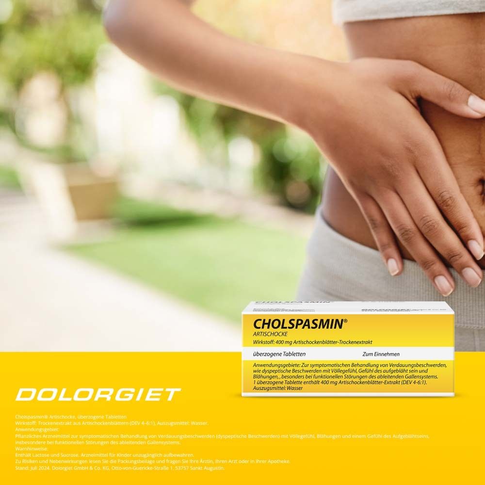 Person hält Bauch, neben einer Packung CHOLSPASMIN Artischocke. Text: DOLORGIET.