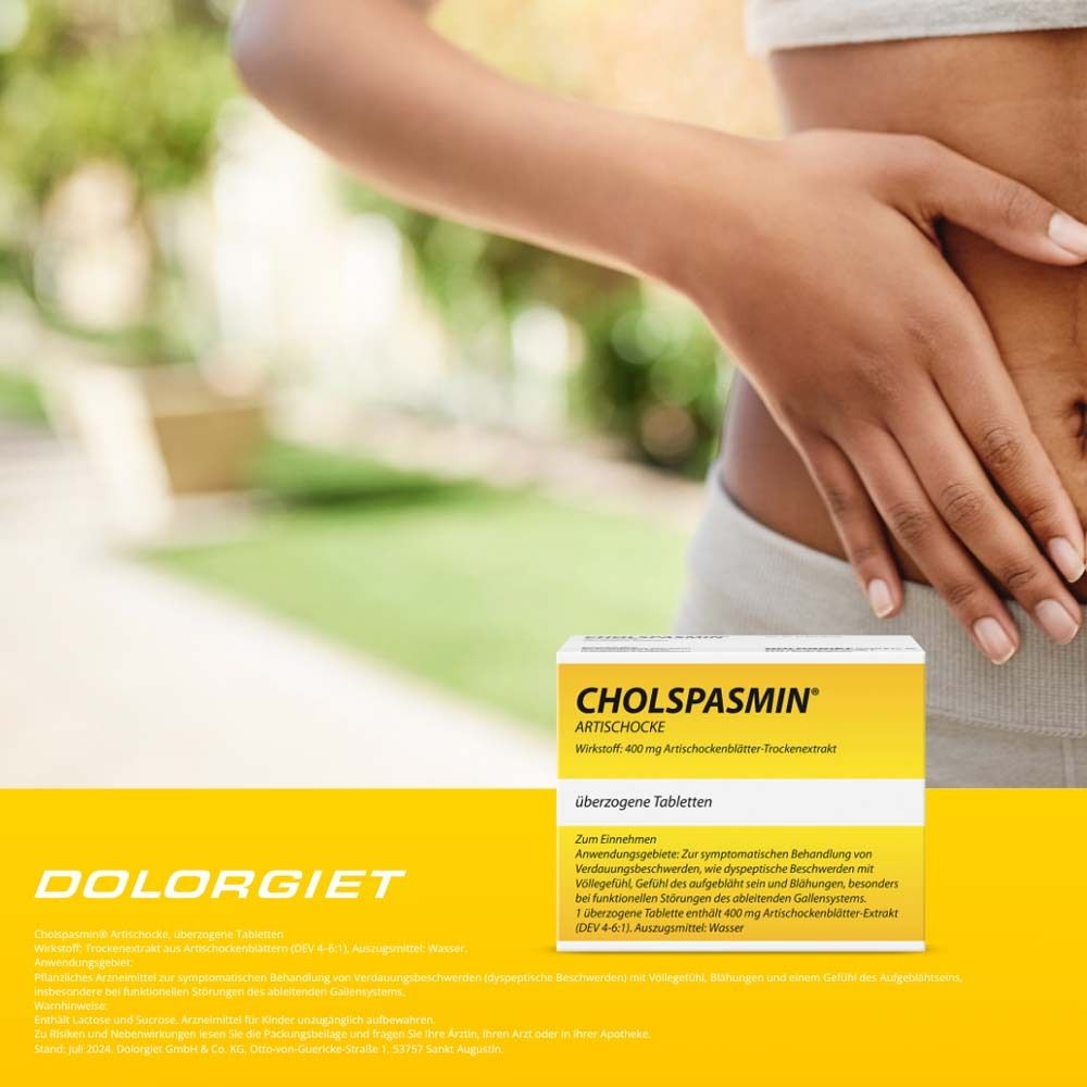 Gelber Hintergrund mit "CHOLSPASMIN ARTISCHOCKE" Packung. Person berührt Bauch. Text: überzogene Tabletten.