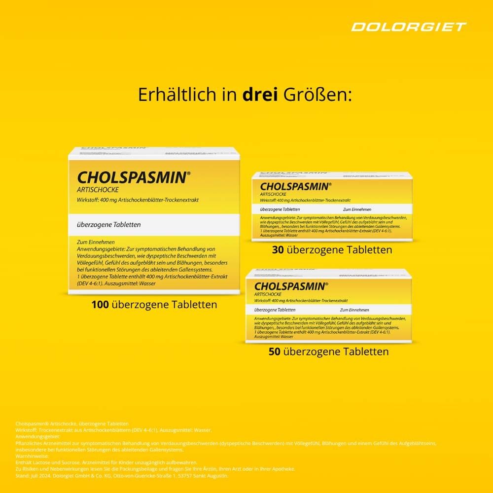 Gelber Hintergrund mit drei "CHOLSPASMIN ARTISCHOCKE" Packungen. Größen: 30, 50 und 100 überzogene Tabletten.