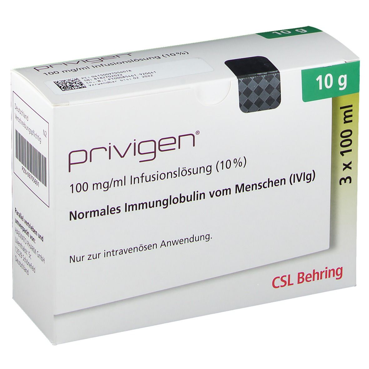 Weiße Faltschachtel mit "PRIVIGEN"-Schriftzug. Enthält 3x100 ml Infusionslösung. Hersteller: CSL Behring.