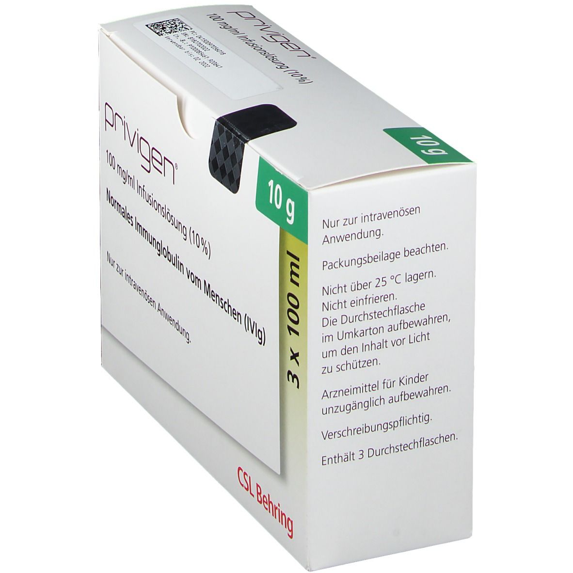 Schräg gestellte Faltschachtel mit "PRIVIGEN"-Schriftzug. Enthält 3x100 ml Infusionslösung. Hersteller: CSL Behring.