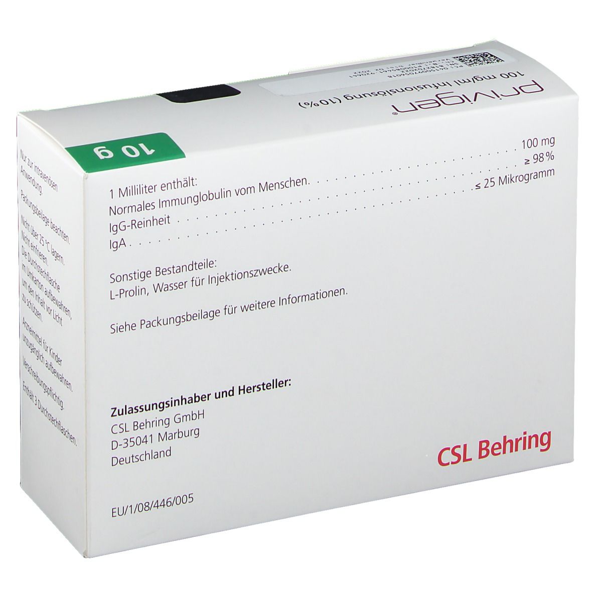 Rückseite der Faltschachtel mit Produktinformationen. Hersteller: CSL Behring. Enthält Informationen zur Zusammensetzung.