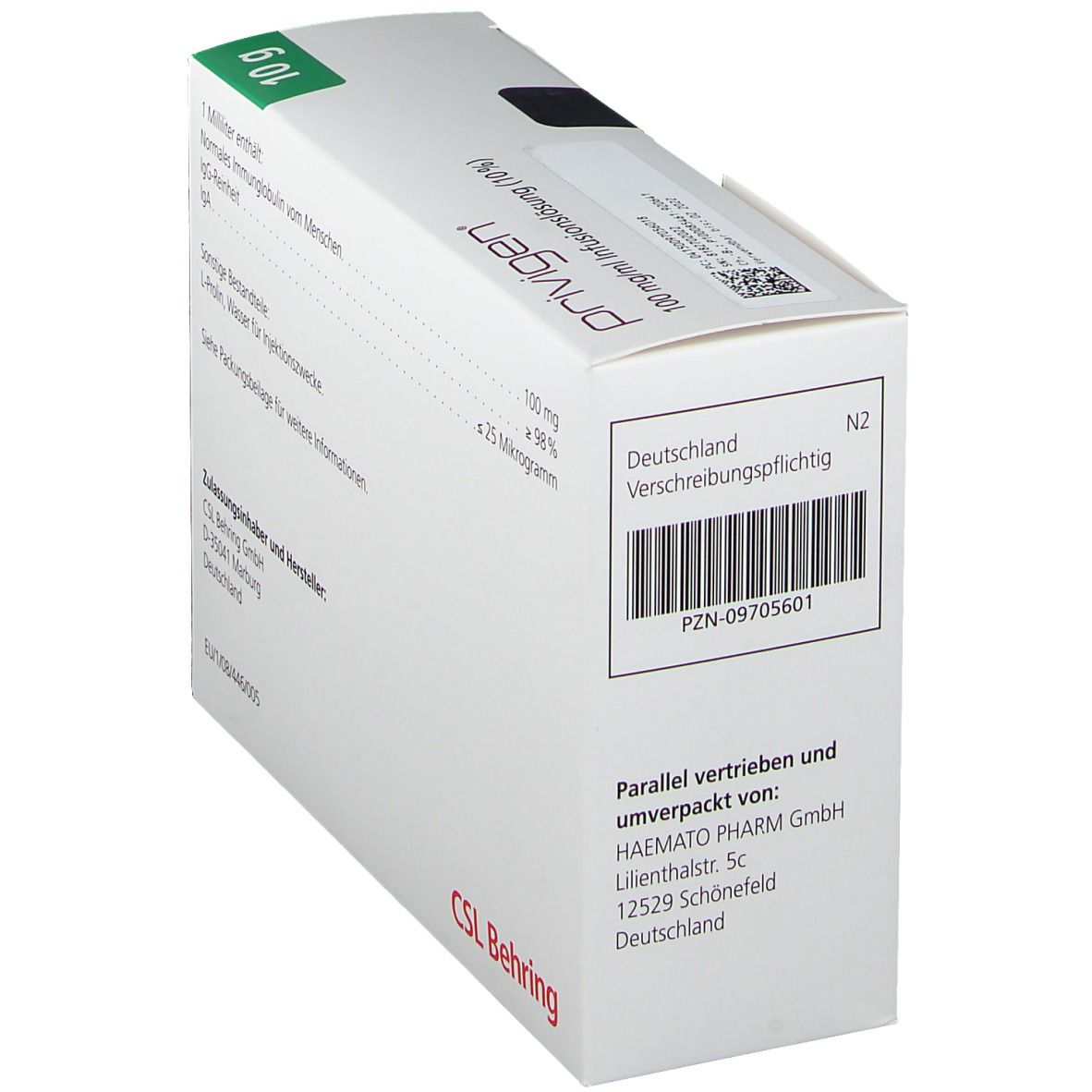 Schräg gestellte Faltschachtel mit Barcode und Produktinformationen. Hersteller: CSL Behring. Enthält Informationen.