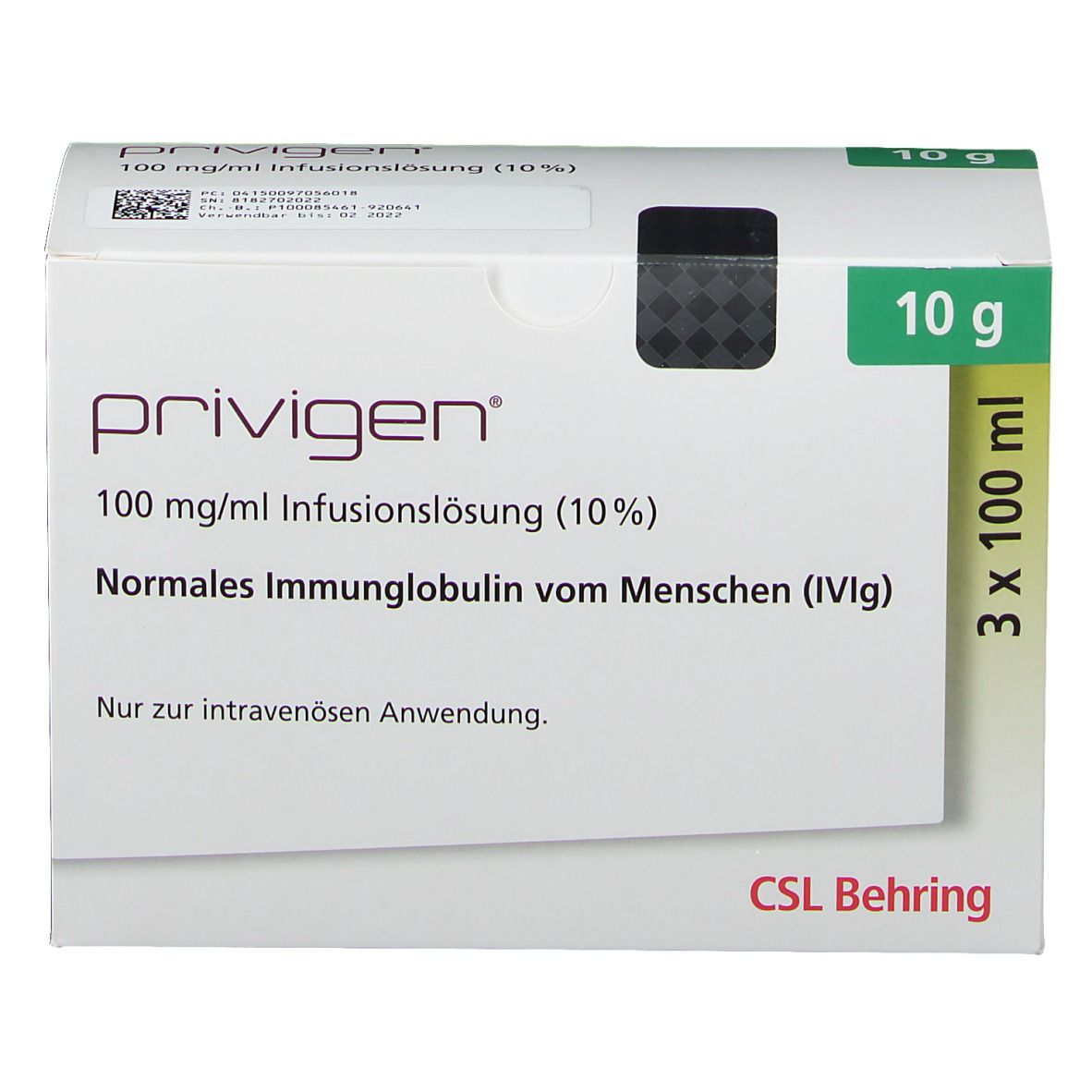 Weiße Faltschachtel mit "PRIVIGEN"-Schriftzug. Enthält 3x100 ml Infusionslösung. Hersteller: CSL Behring.