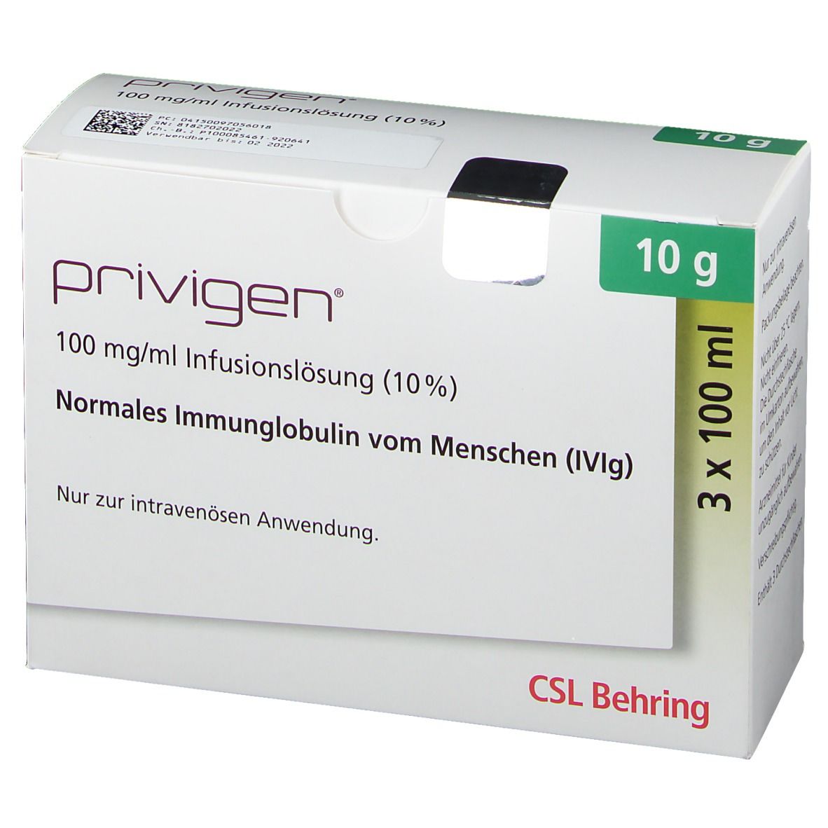 Weiße Faltschachtel mit "PRIVIGEN"-Schriftzug. Enthält 3x100 ml Infusionslösung. Hersteller: CSL Behring.
